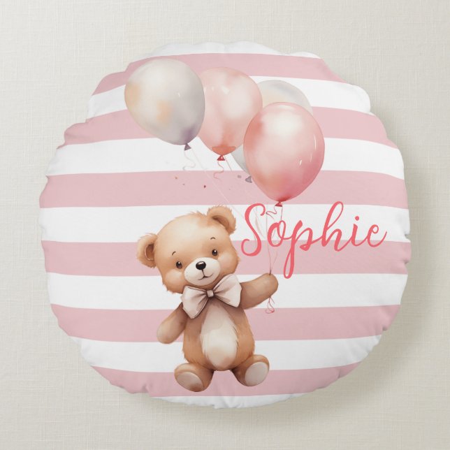 Cute Little Bear in Pink Round Cushion (Front)
