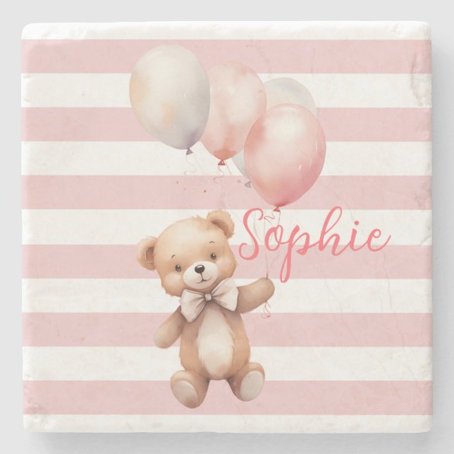 Cute Little Bear in Pink Stone Coaster (Front)