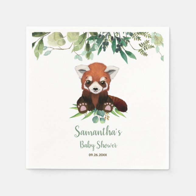Cute Little Bear Red Panda Baby Shower Greenery Na Napkin (Front)