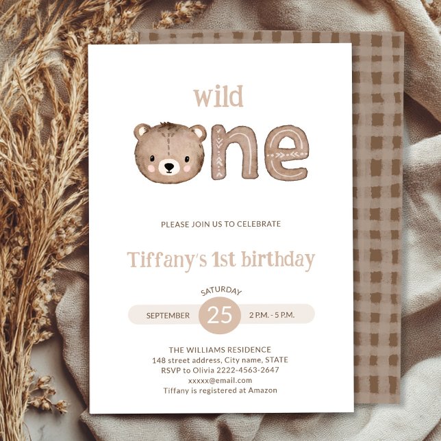 Cute Little Bear wild one 1st Birthday Invitation (Wild One minimalistic 1st Birthday Invitation | Neutral Baby Bear Party Invite)