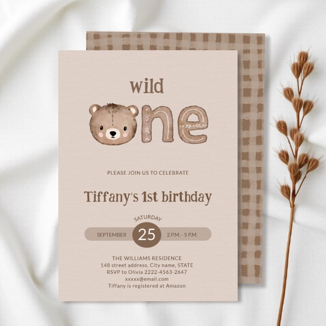 Cute Little Bear wild one 1st Birthday Invitation (Wild One Birthday Invitation | Neutral 1st Birthday Party Invite with Cute Bear)