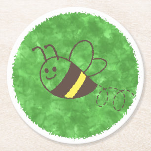 Cute Little Bee Flying Watercolor Baby Shower Round Paper Coaster