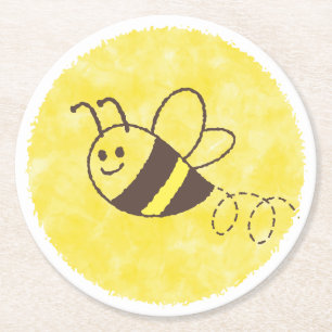 Cute Little Bee Flying Watercolor Baby Shower Round Paper Coaster