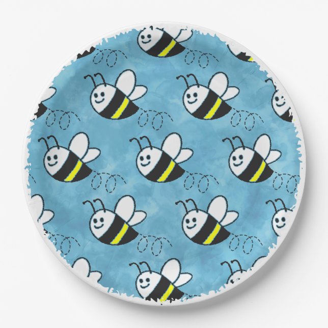 Cute Little Bee Pattern Watercolor Baby Shower Paper Plate (Front)