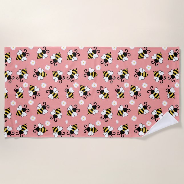 Cute little bees and daisy flowers pattern  beach towel (Front)
