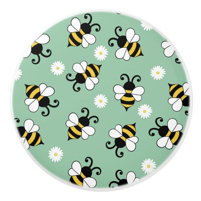 Cute little bees and daisy flowers pattern  ceramic knob (Front)