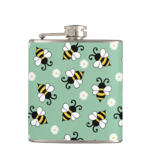 Cute little bees and daisy flowers pattern  hip flask
