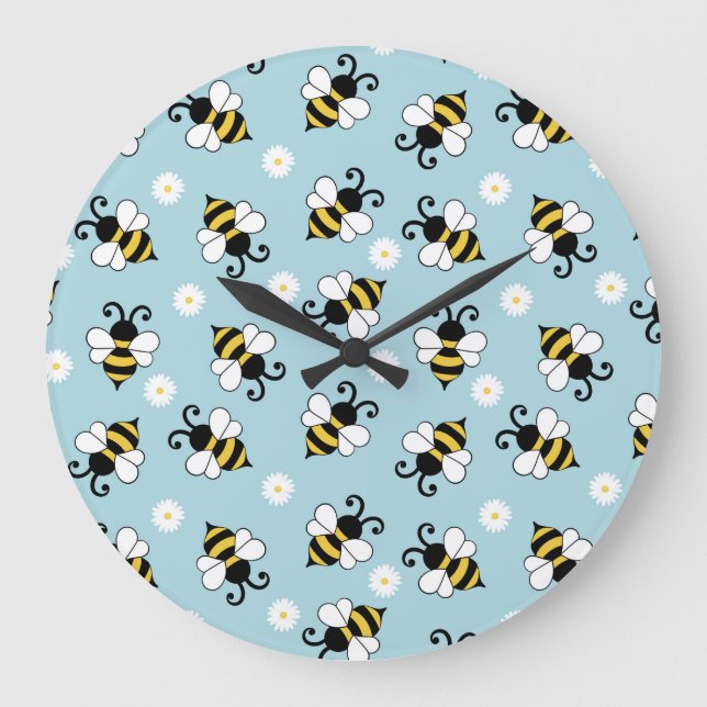 Cute little bees and daisy flowers pattern large clock (Front)