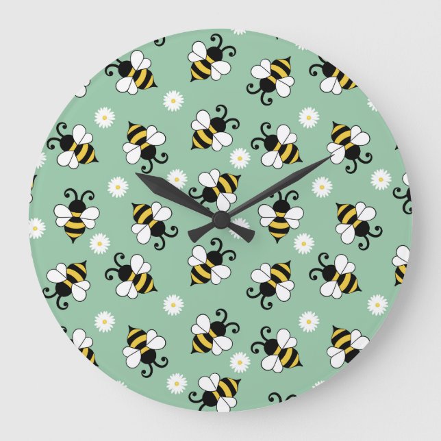 Cute little bees and daisy flowers pattern large clock (Front)