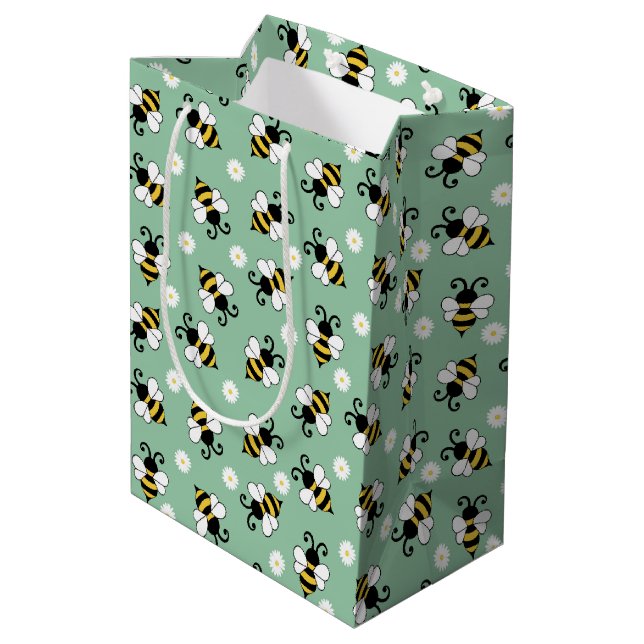 Cute little bees and daisy flowers pattern medium gift bag (Back Angled)