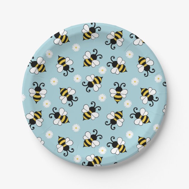 Cute little bees and daisy flowers pattern  paper plate (Front)