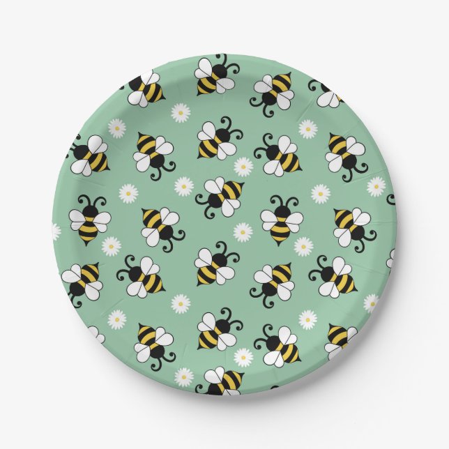 Cute little bees and daisy flowers pattern paper plate (Front)