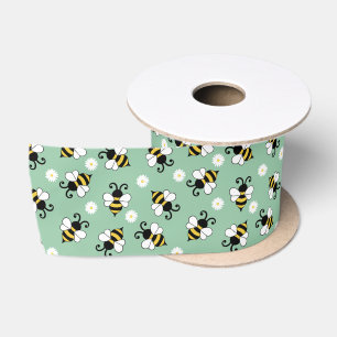 Cute little bees and daisy flowers pattern satin ribbon