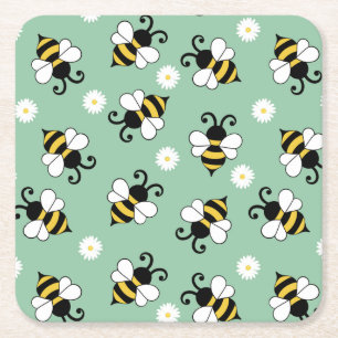 Cute little bees and daisy flowers pattern square paper coaster