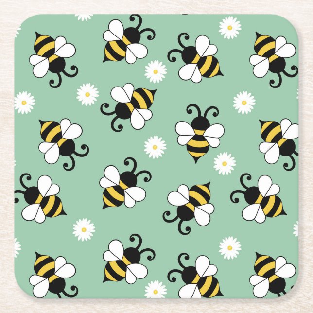 Cute little bees and daisy flowers pattern square paper coaster (Front)