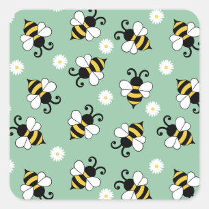 Cute little bees and daisy flowers pattern square sticker