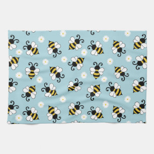 Cute little bees and daisy flowers pattern tea towel
