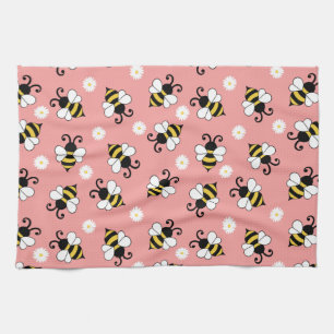 Cute little bees and daisy flowers pattern tea towel