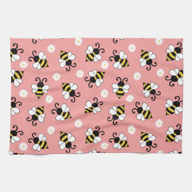 Cute little bees and daisy flowers pattern   tea towel (Horizontal)