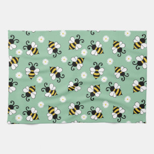 Cute little bees and daisy flowers pattern tea towel