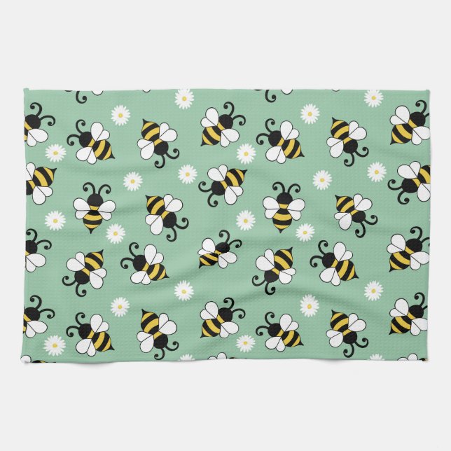 Cute little bees and daisy flowers pattern tea towel (Horizontal)