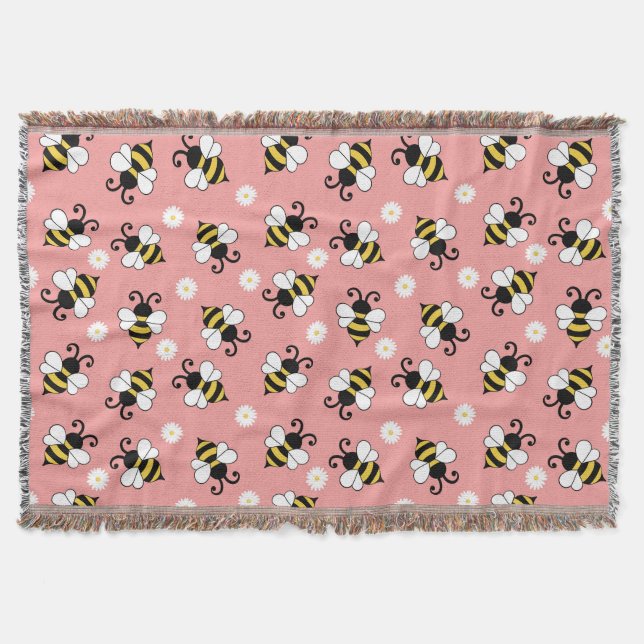 Cute little bees and daisy flowers pattern  throw blanket (Front)