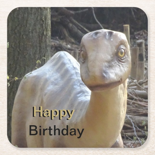 Cute Little Beige Happy Birthday Dinosaur Coaster (Front)