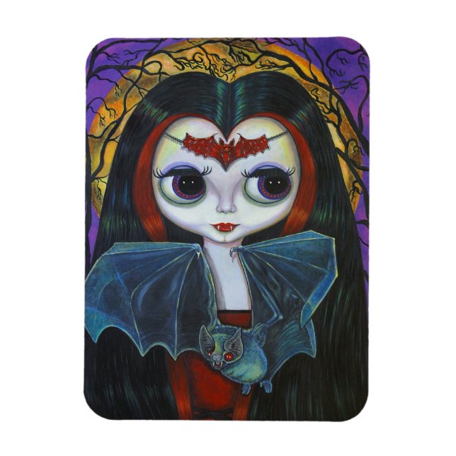 Cute Little Big Eye Vampire Girl with Bat Magnet (Vertical)