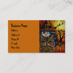Cute Little Big Eye Witch with Owl & Pumpkin Business Card