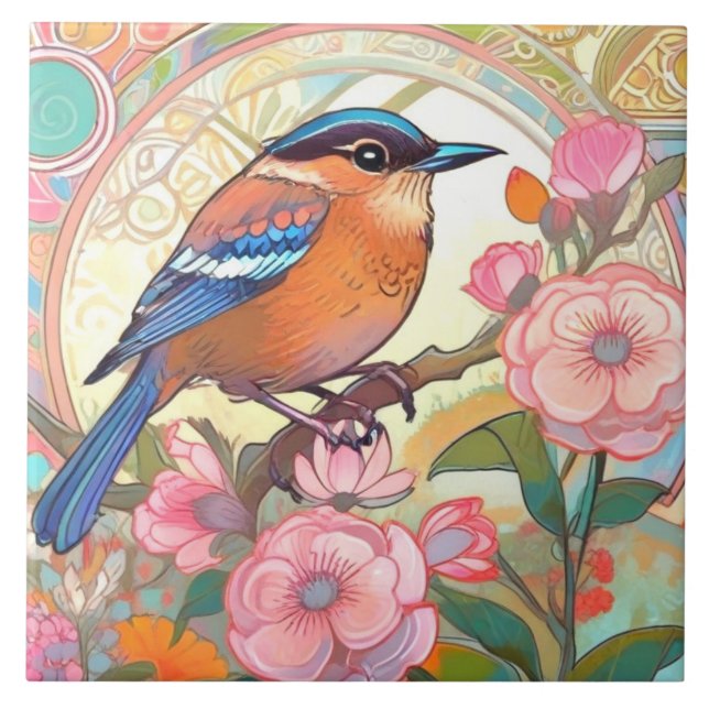 Cute Little Bird Art Nouveau Deco Inspo Floral Tile (Front)