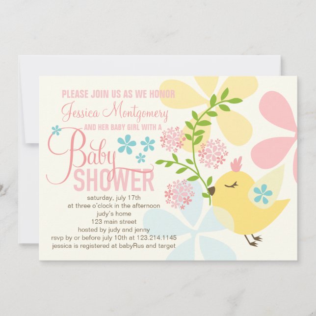 Cute Little Bird Flowers Spring Girl Baby Shower Invitation (Front)