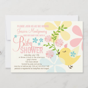 Cute Little Bird Flowers Spring Girl Baby Shower Invitation