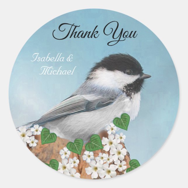 Cute little bird & flowers Thank You Classic Round Sticker (Front)