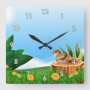 Cute Little Bird in a Field Square Wall Clock