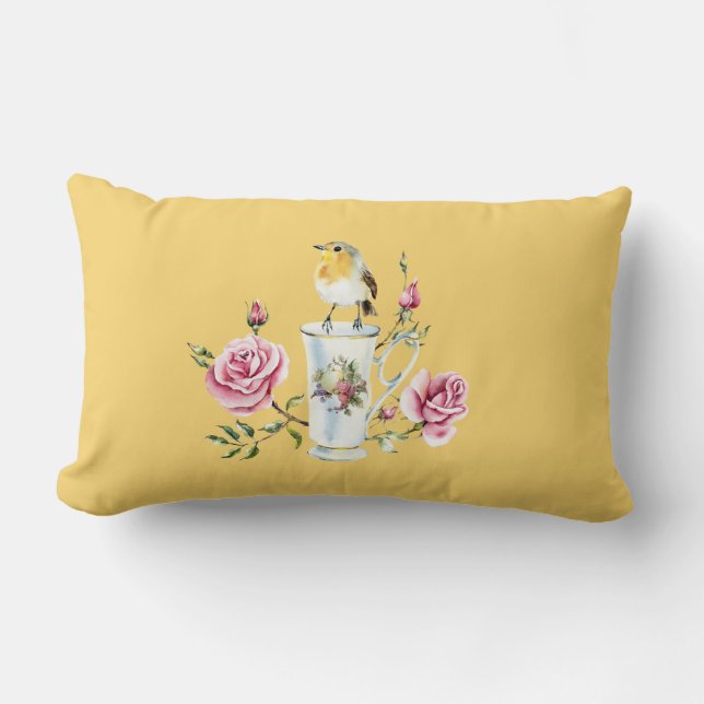 Cute little bird on China tea cup roses romantic Lumbar Cushion (Front)