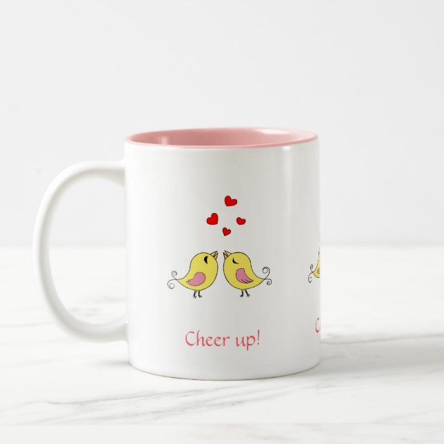 Cute little birdies, hearts & pink calligraphy Two-Tone coffee mug (Left)