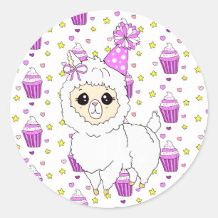 Cute Little Birthday Llama Purple Classic Round Sticker