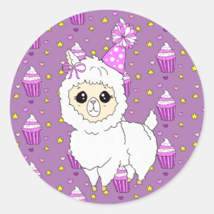 Cute Little Birthday Llama Purple Classic Round Sticker