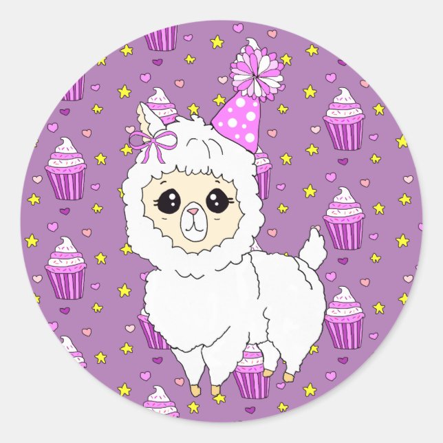 Cute Little Birthday Llama Purple Classic Round Sticker (Front)