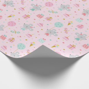 Cute Little Birthday Mouse with gifts & cake Pink Wrapping Paper