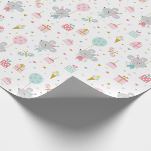 Cute Little Birthday Mouse with gifts & cake white Wrapping Paper