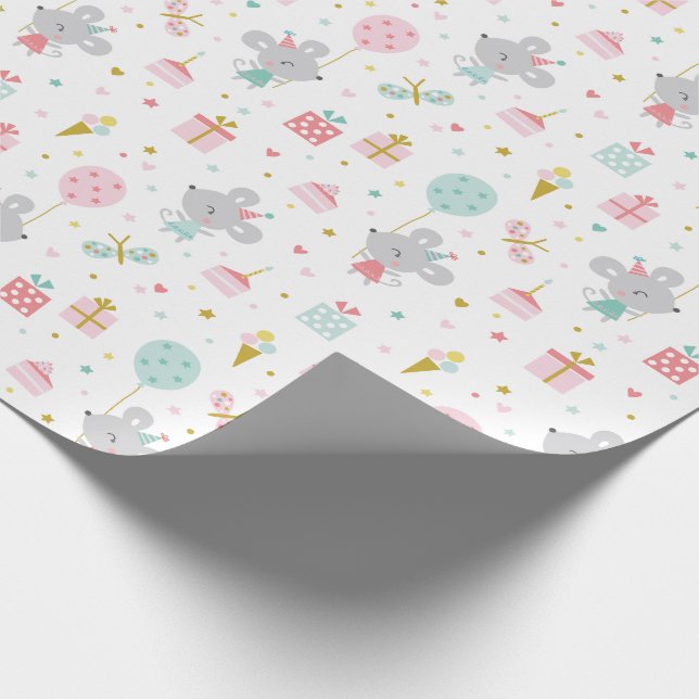 Cute Little Birthday Mouse with gifts & cake white Wrapping Paper (Corner)