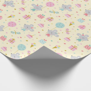 Cute Little Birthday Mouse with gifts cake Yellow Wrapping Paper