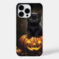 CUTE LITTLE BLACK HALLOWEEN CAT WITH PUMPKINS