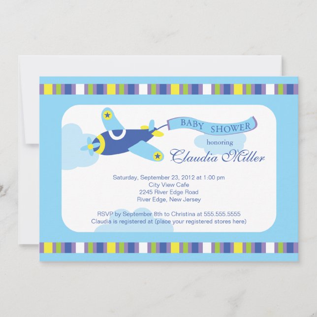 Cute Little Blue Aeroplane Boy Baby Shower Invitation (Front)
