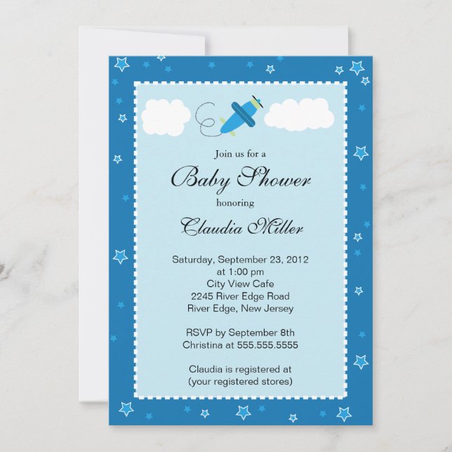 Cute Little Blue Aeroplane Boy Baby Shower Invitation (Front)