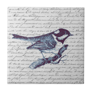 Cute Little Blue Bird Vintage French Script Tile