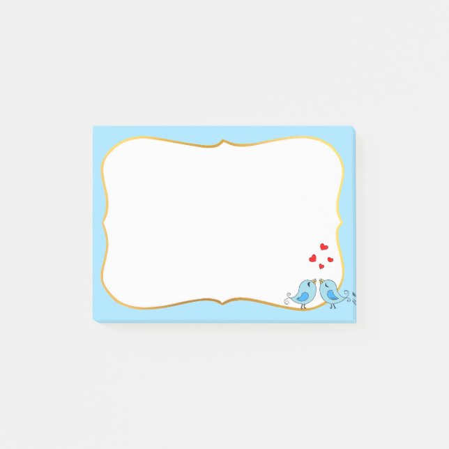 Cute little blue birds, hearts & light blue frame post-it notes (Front)