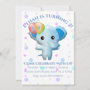 Cute Little Blue Boy Elephant Birthday Invitation