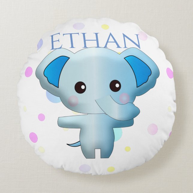 Cute Little Blue Boy Elephant Round Cushion (Front)